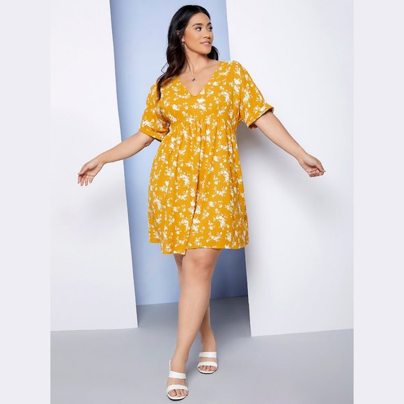 Ditsy Floral BOHO Mustard Yellow Plus Size Dress - Picture 6 of 10